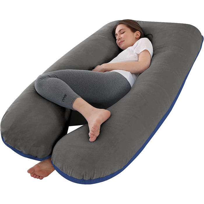 Подушка для вагітних Wndy's Dream, U-подібна подушка для вагітних, зі знімною оксамитовою наволочкою 3 кг, 78 см х 150 см (синій сірий)