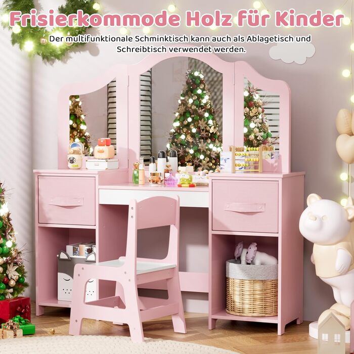 Дитячий туалетний столик MAMIZO 2 в 1 з дзеркалом та пуфом, рожево-білий (108x30x114 см)