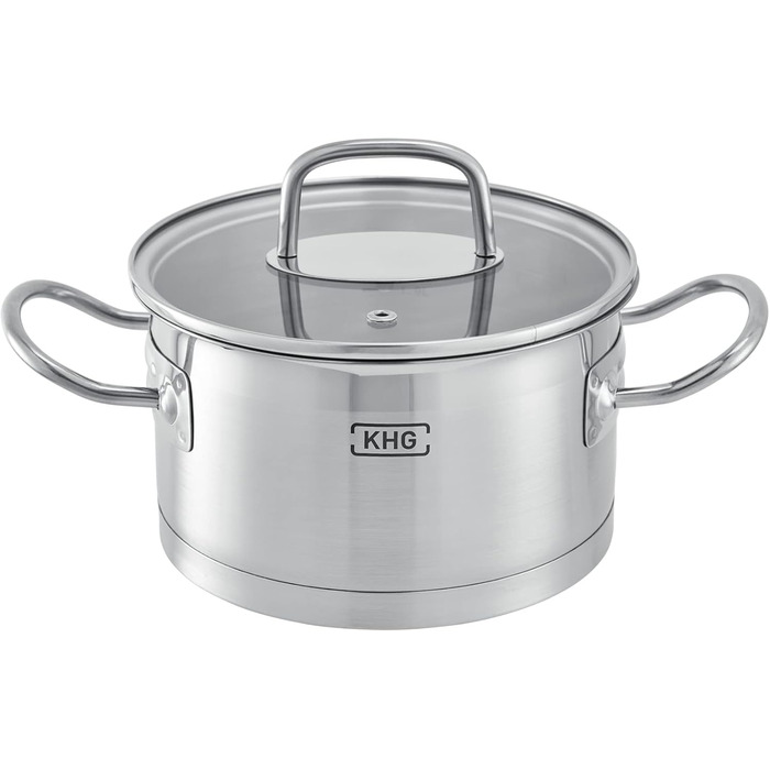 Каструля KHG 14 см з нержавіючої сталі, індукційне дно, 1.5 л, без покриття, для всіх плит (комплект)