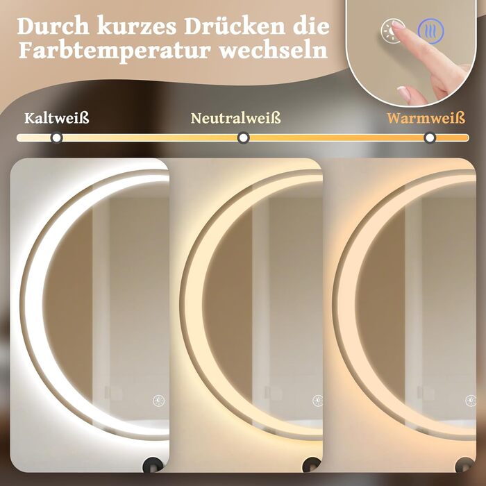 Круглий LED-дзеркало для ванної кімнати Mursche з підсвічуванням, 60 см, IP44, сенсорне регулювання, протизапотівальне покриття, 70x70 см