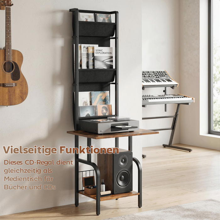 Індустріальна полиця для CD, зберігання CD та DVD з 3 текстильними кишенями та стільницею, у стилі рустикального дерева коричневого кольору