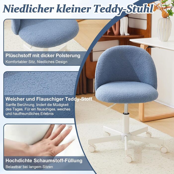 Крісло офісне Bonnlo з регулюванням висоти, для робочого кабінету, спальні, home office, обшите тедді, білий (блакитний)
