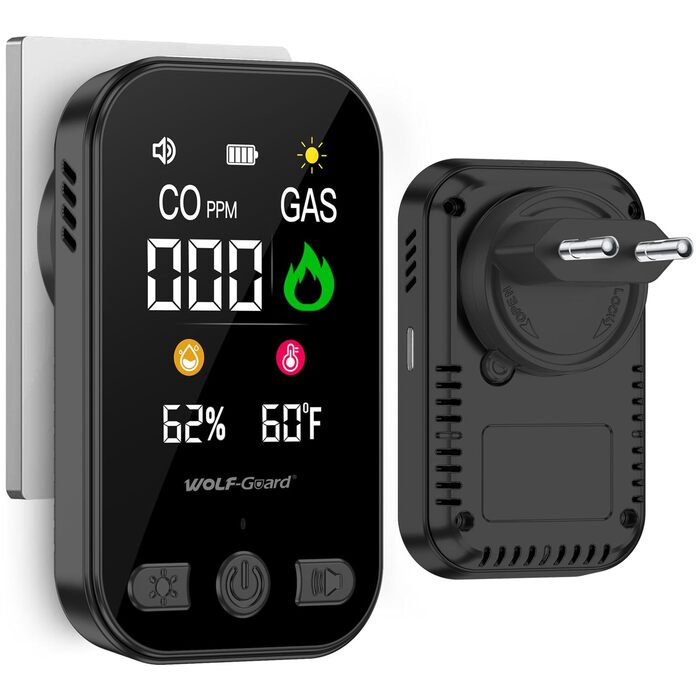 Вольф-Гард 4в1 Детектор газу та CO з розеткою для дому. CO-попереджувач, детектор газу, попереджувач про витік газу для природного газу, LPG, метану, пропану, бутану, HD12 (чорний)
