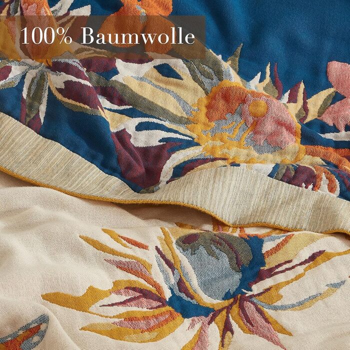 Богемна ковдра Boho Decke 100% бавовна – двостороння муслінова ковдра 150x200 см, м'яка ковдра для дивана та покривало для ліжка, естетичний дизайн, ідеально для вітальні та спальні, помаранчевий/зелений 150 x 200 см, Sommertanz
