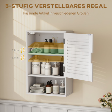 Шафка для ванної кімнати навісна, настінна, з 1 дверцятами та регульованими полицями, 40 x 20 x 60 см, біла