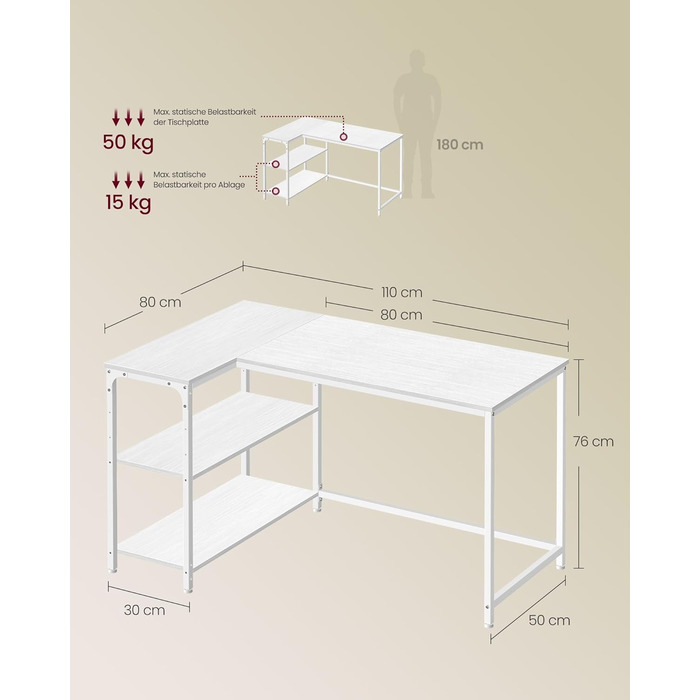 Кутовий стіл VASAGLE L-подібної форми з полицею, для офісу вдома, 110 x 80 см, колір: Акорн-білий