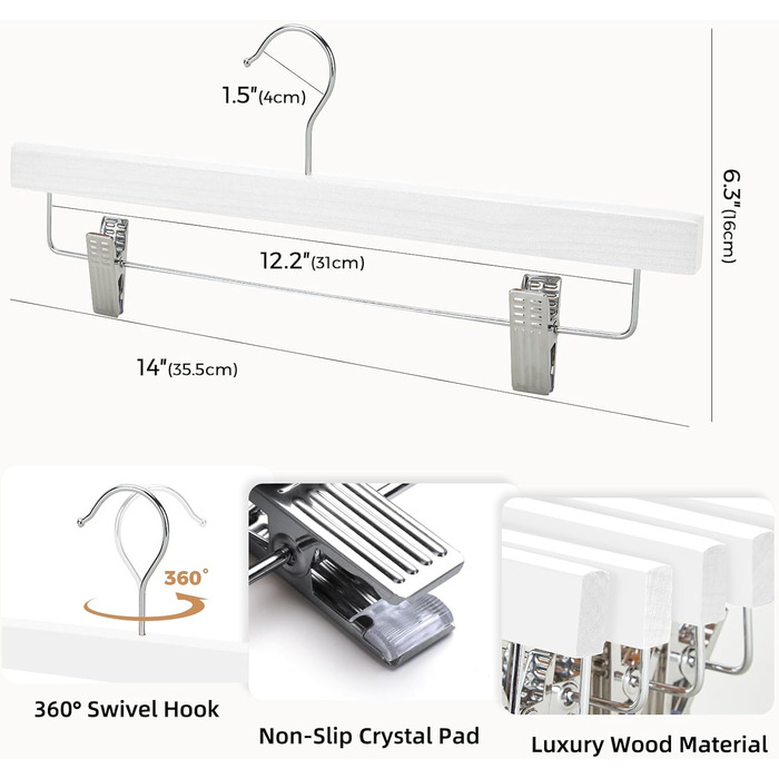 Дерев'яні вішалки для штанів та одягу HOUSE DAY з кліпсами, 25 шт. - білі, 35,5 см, з обертовим гачком