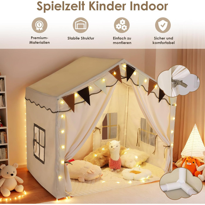 Дитячий намет MAMIZO для гри в приміщенні з килимком, прапорцями та світлом, 136x95x133 см. Ідеальний намет-ігровий будиночок для дітей, підходить для хлопчиків та дівчаток, кремового кольору.