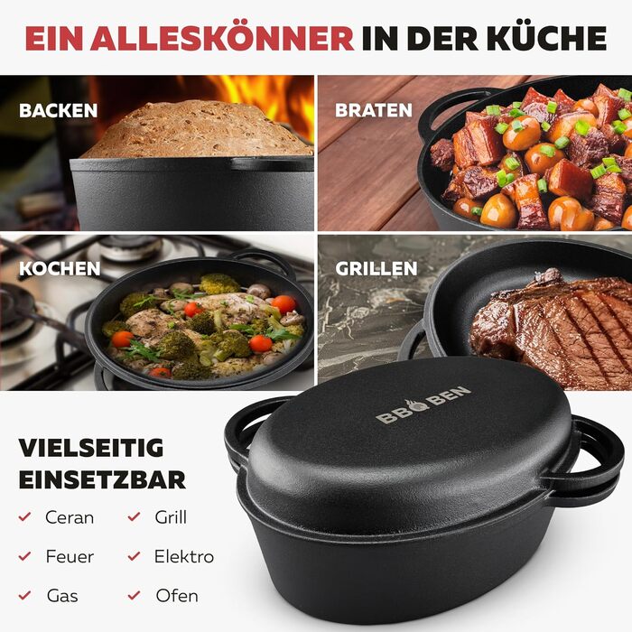 Гusseisen Bräter (34 см) з кришкою: сковорода-жаровня з чавуну для гриля, Dutch Oven, для індукції, газового гриля та духовки