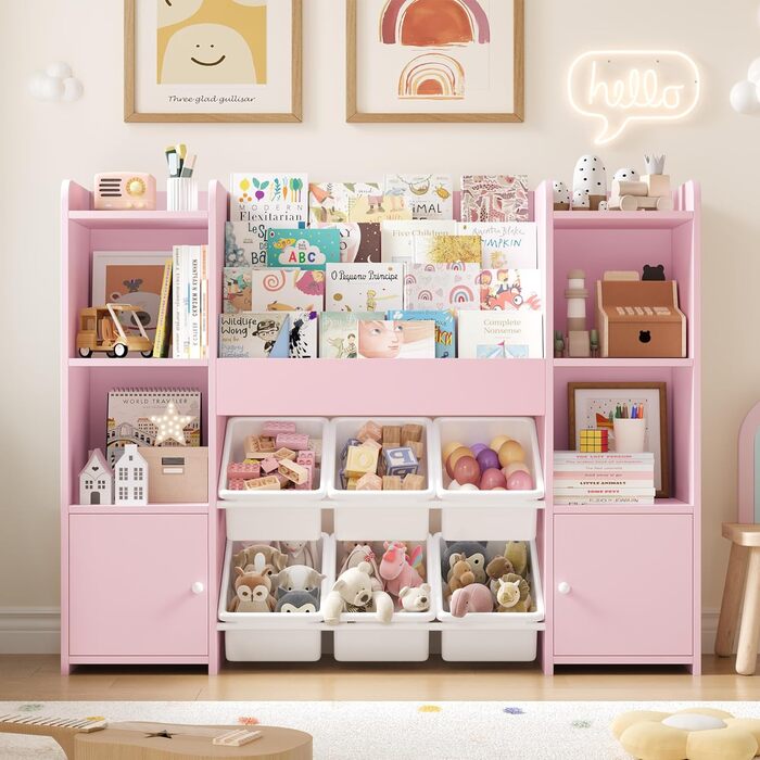 FOREHILL Дитяча полиця-стеллаж для іграшок та книг з 6 ящиками, 119 x 29,5 x 94 см, білий (рожевий)