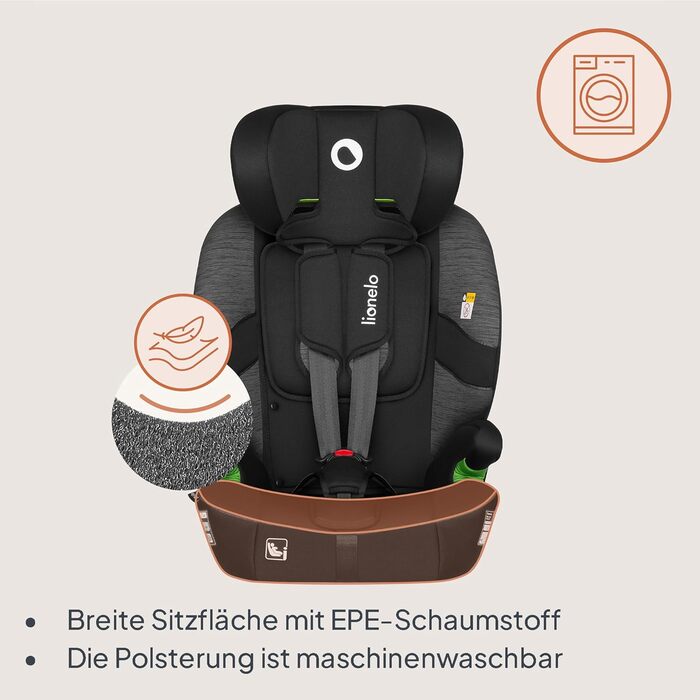 Автокрісло Lionelo Billy i-Size 76-150 см (15 міс - 12 років), ISOFIX, R129, чорно-сіре