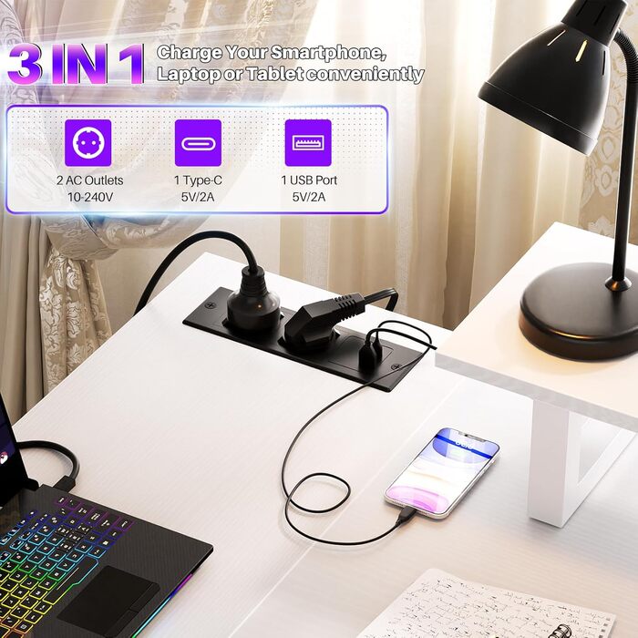 Ігровий кутовий стіл L-подібної форми з LED-підсвічуванням та розетками, 120x70 см, колір дуб (білий)