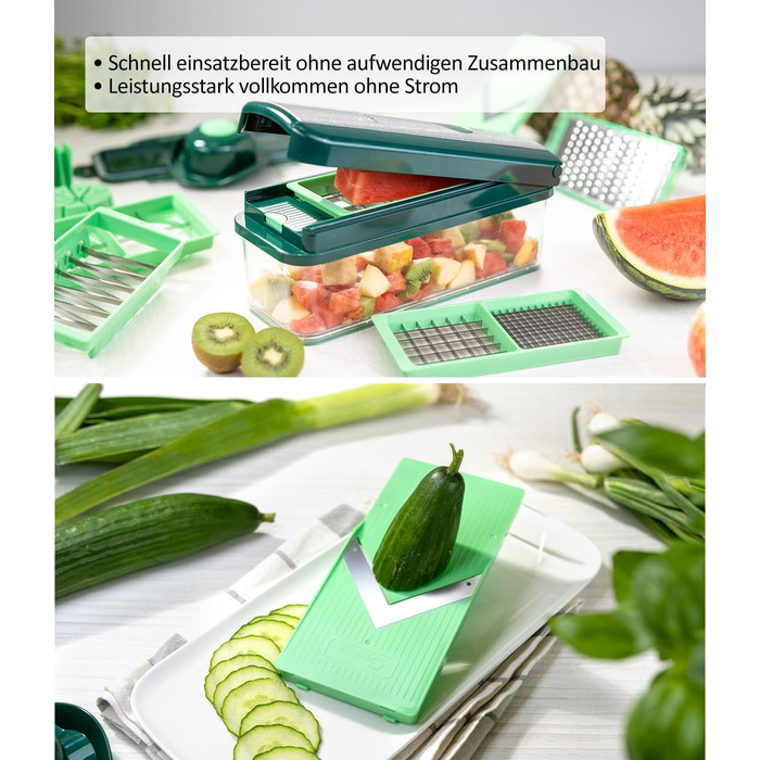 Набір для нарізки овочів Genius Nicer Dicer Exclusive 15 елементів, набір для нарізки кубиками + набір для нарізки помідорів, 4 насадки + груба тертка та шинковка, контейнер 2500 мл, зелений