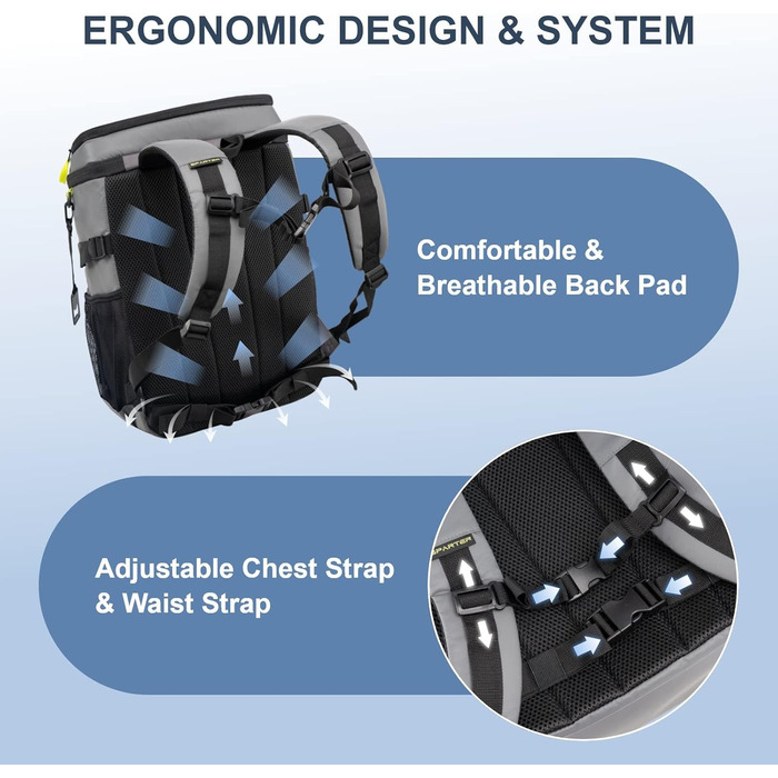 Рюкзак-холодильник SPARTER на 49 доз, ізольований, вологостійкий, легкий, для пляжу, подорожей, кемпінгу, обідів (сірий)