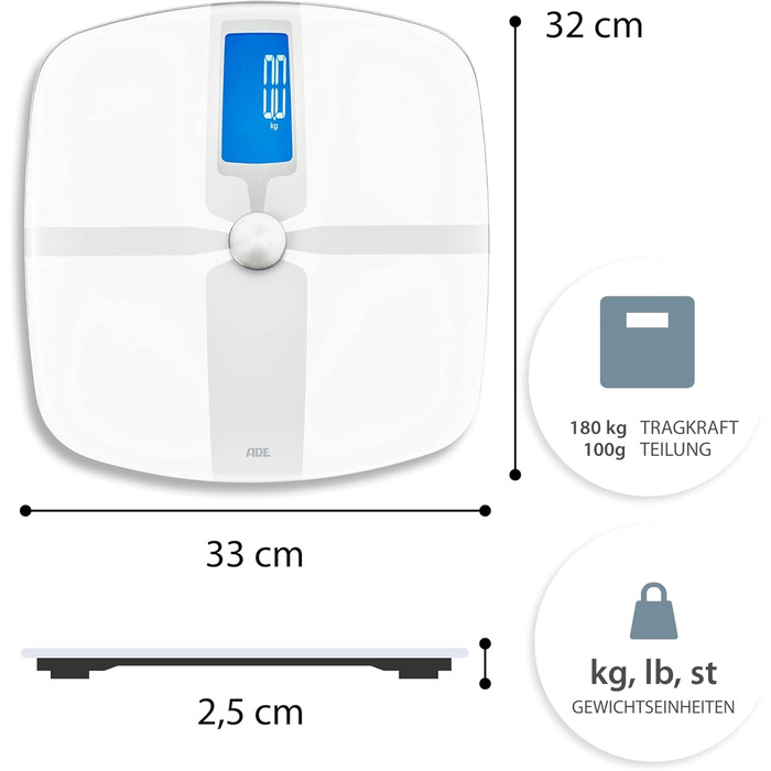 Цифрова шкала жиру в організмі, аналіз тіла, 5 виміряних значень, до 180 кг, білий, 1600