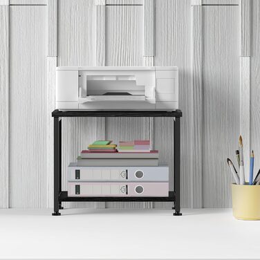 Двоярусний стіл для принтера з роликами, 30x42x37 см, дерев'яний та металевий, мобільний, для офісу та вітальні, чорний