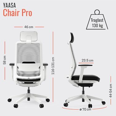 Yaasa Chair Plus: Ергономічне офісне крісло з підголівником, 2D-підтримкою спини та 4D-підлокітниками - Біле, Pro. Переможець тесту! До 150 кг.