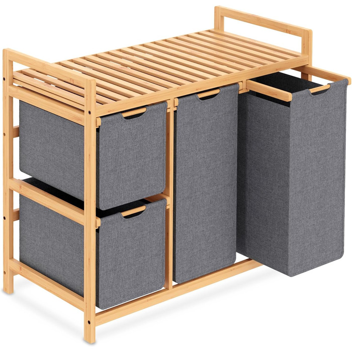 Кошик для білизни iEGrow з 4 відділеннями, 150л, бамбуковий візок для білизни з полицею, місткий кошик для брудної білизни з оксфордської тканини (сірий)