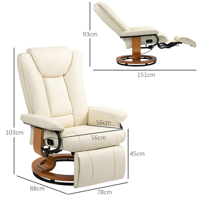 Крісло під телевізор HOMCOM Reclining Recliner Swivel з функцією відкидання та підставкою для ніг до 150 кг, штучна шкіра кремово-білого кольору для вітальні