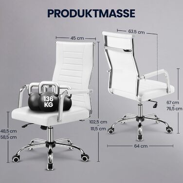 Офісне крісло Yaheetech з підлокітниками, офісний стіл, крісло для начальника, комп'ютерне крісло з високою спинкою, робоче крісло з функцією гойдання, біле, до 136 кг