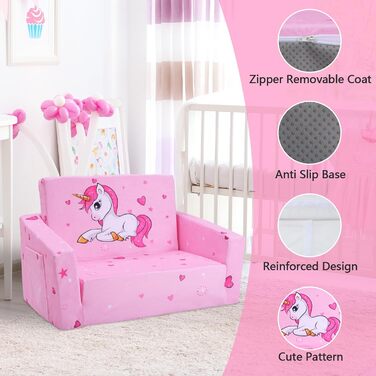 Дитяче крісло-софа 2 в 1 з кишенькою та неслизьким подушкою, розкладне, з єдинорогом для дитячої, вітальні, ігрової кімнати