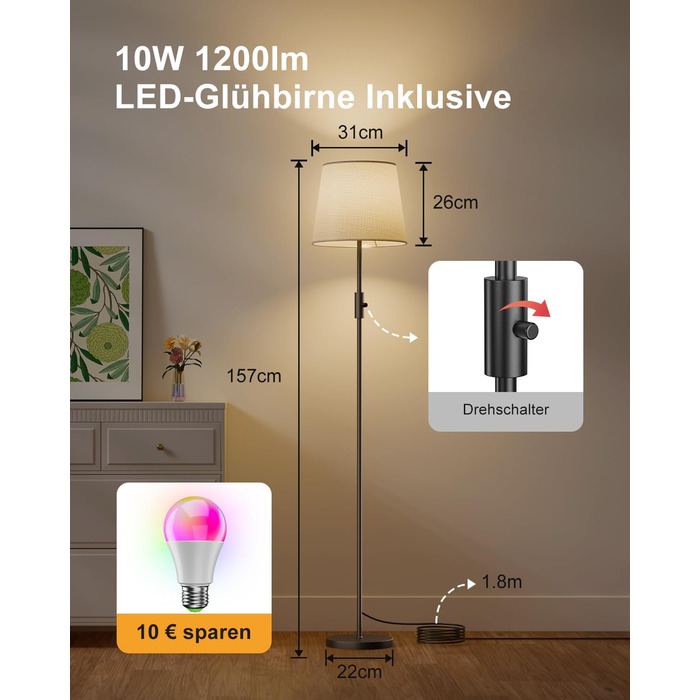 Світлодіодна торшер DUSKTEC RGB для вітальні, смарт-лампа з димером, керування через APP, тепле та холодне біле світло, 10W, 1200LM, аркова лампа для читання, приліжкова лампа