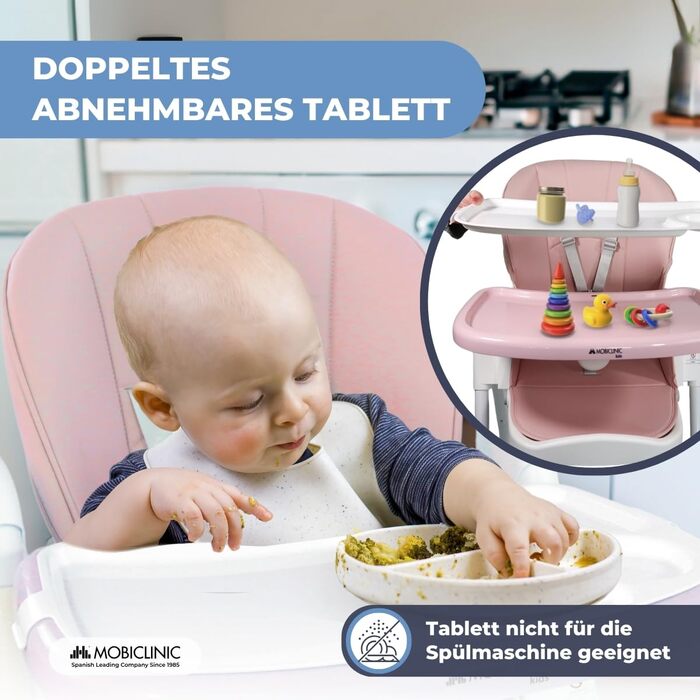 Дитячий стільчик для годування Mobiclinic® Kids, складаний, трансформується в стільчик для малюків, Simba, ремінь з 5 точками кріплення, колеса з гальмом, знімний піднос, текстиль знімний та пральний, зелений (рожевий)