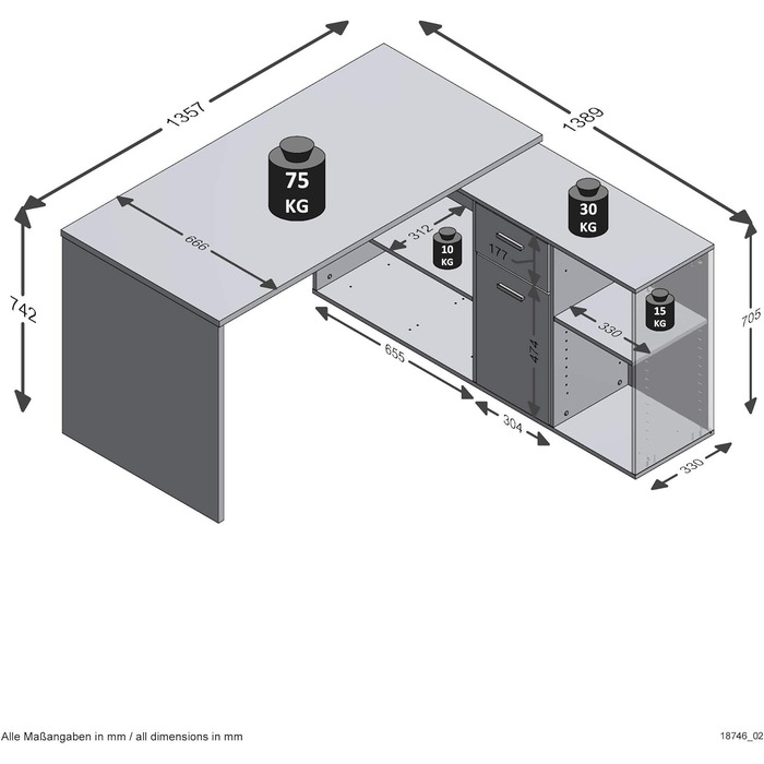 Меблі FMD, 353-001 Комбінований кут нахилу столу Lexo, розміри столу 136,0 x 75,0 x 68,0 см, розміри полиці 137,0 x 71,0 x 33,0 см (BHD) (білий, одномісний)