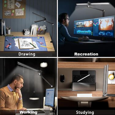 Лампа для столу Hapfish LED з кріпленням, 24W, подвійний насадка, світлодіодна лампа для монітора, широке та яскраве освітлення, 5 режимів кольору та 5 рівнів регулювання яскравості, денне світло, диммування для офісу, дому, дітей (з багатоосьовим шарніро