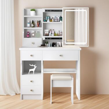 Дзеркальний туалетний столик з LED-підсвічуванням та пуфом, 6 ящиків, 3 полиці, сучасний дизайн, дерево, білий (T68)
