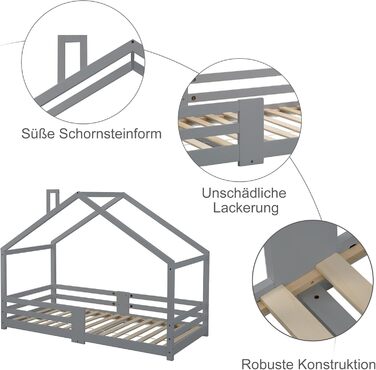 Двоярусне ліжко Moimhear для дітей, 90x200 см, будиночок з сосни (сірий)