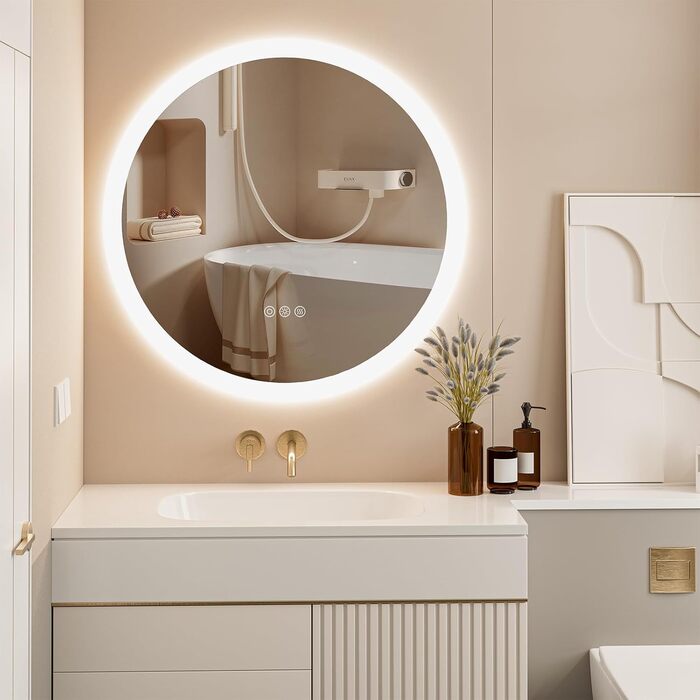 Дзеркало для ванної кімнати ChillCruiser LED круглої форми 50 см з чорною рамою, антизапар, 3 кольори, функція пам'яті