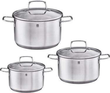 Набір каструль RÖSLE Basic Line 4 шт. з нержавіючої сталі 18/10, склокришки та зручним краєм, індукційне дно, придатний для миття в посудомийній машині, сріблястий/чорний