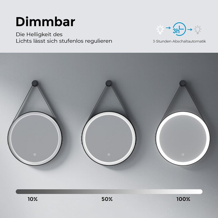 Круглий дзеркало для ванної кімнати з підсвічуванням 60см, LED дзеркало з регулюванням яскравості, сенсорне керування, чорна рама, знімна стрічка, 6500K (холодне світло)