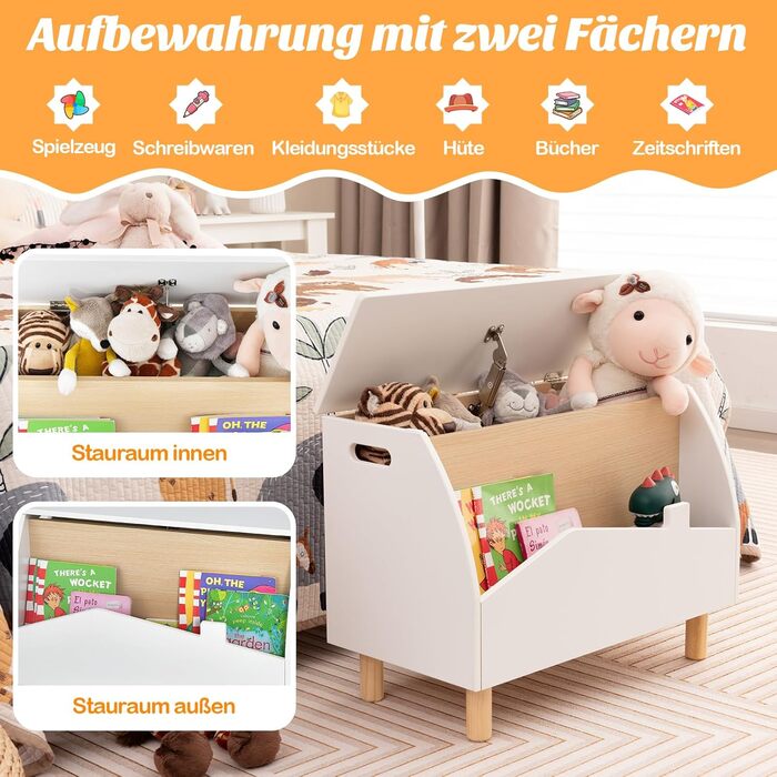 COSTWAY Скринька для іграшок з полицею, дерев'яна іграшковий ящик з кришкою, комод для іграшок, органайзер для дитячої кімнати, 60x30x44 см (Білий)