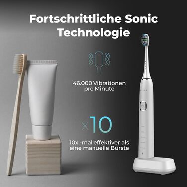 Електрична зубна щітка AENO DB6 Sonic – 5 режимів, 40 днів роботи, бездротове заряджання, преміум-щітинки, нагадування про заміну насадки, 46000 вібрацій/хв.