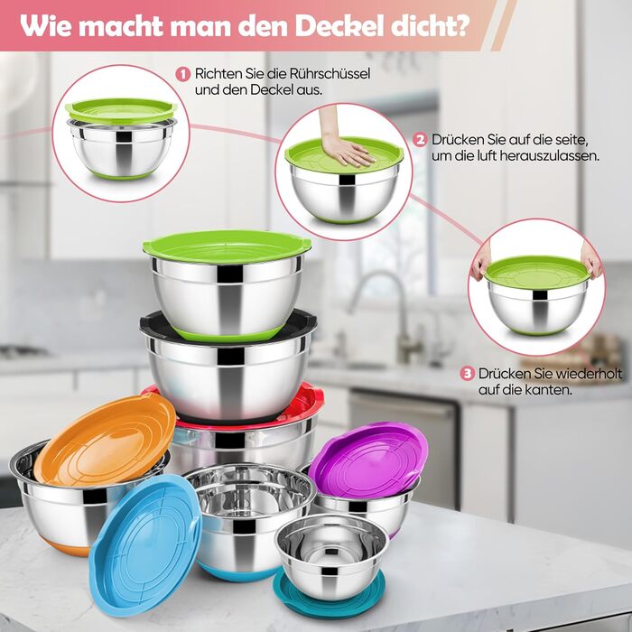 Набір мисок HaWare 7 шт. з нержавіючої сталі з кришками, 6.5-0.7л, кольорові, з силіконовим дном