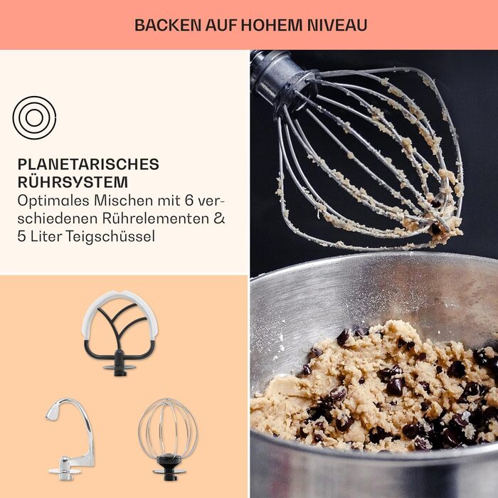 Міксер Klarstein Knetmaschine: потужний кухонний міксер для випічки з 1300W, 6 швидкостей, планетарне мішання, 5л чаша, насадки для тіста, збивання та перемішування