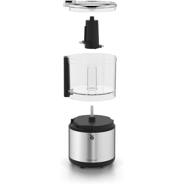 Подрібнювач WMF Küchenminis Cromargan матовий, компактний електричний подрібнювач з однією кнопкою, контейнер 0.3л, 65 Вт, пластик