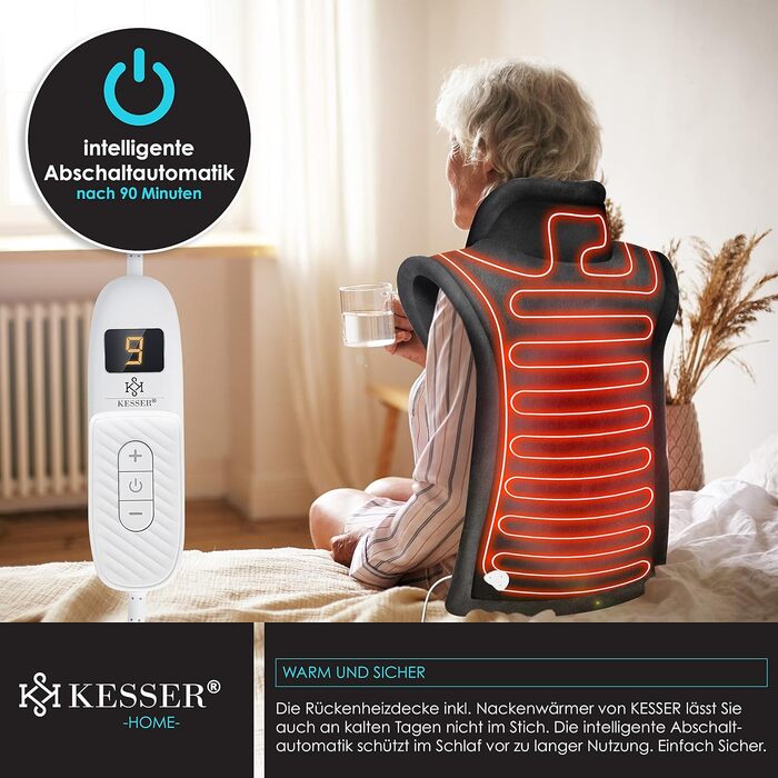 Електричне грілка для спини, шиї та плечей KESSER® з таймером, 9 температурних режимів, 60x85 см, з ремінцем для талії, пульт дистанційного керування, антрацит