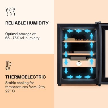 Хьюмідор для сигар Clarstein El Presidente-термоелектричний, скляні двері, що окремо стоїть, відсіки і висувні ящики з кедрового дерева, гігрометр, внутрішнє світлодіодне освітлення, iter, (37 л, Чорний)