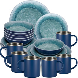 Набір посуду Melamin Adria Blue (6 осіб) з нержавіючої сталі, термокружки, імітація кераміки - для кемпінгу, подорожей, пікніків