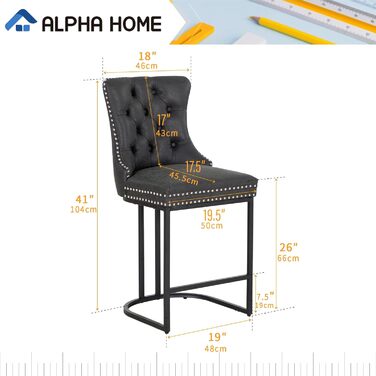 Набір барних стільців ALPHA HOME з 2 шт. , м'які, PU шкіра, зі спинкою, металеві ніжки, чорний