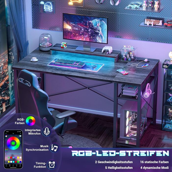 Ігровий стіл з LED підсвічуванням та розетками, стіл для комп'ютера з USB, стіл для ігор з підставкою для монітора, сучасний офісний/студентський стіл для офісу та ігрової кімнати (грабовий дуб)