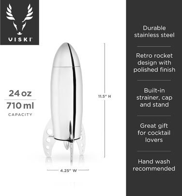 Шейкер для коктейлів Viski Rocket з фільтром - набір для приготування холодного кофе, маргарити, еспресо, мартини. Нержавіюча сталь, аксесуари для домашнього бару, подарунок, срібний колір