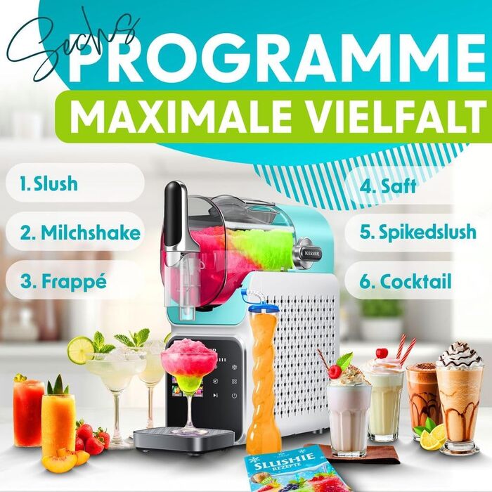 Машина для приготування сляшу KESSER® - сляш-мейкер 2л - для сляшу, коктейлів, фраппе, молочних коктейлів та замороженого соку - за 25 хв з 6 програмами - з 3 стаканами та книгою рецептів, (2 літри, світло-блакитний)