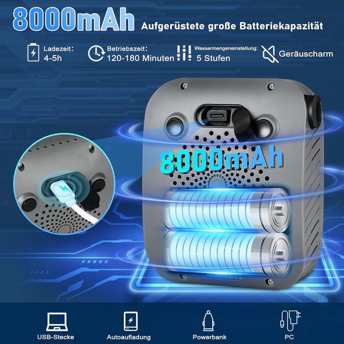 Портативна душова кабіна для кемпінгу Spopal з акумулятором 8000mAh, насосом та індикатором температури. Комплект для відпочинку на природі, автомийки, пляжу, подорожей та догляду за тваринами (сірий)