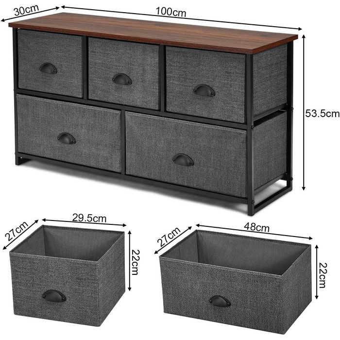 Тканинний комод COSTWAY з 5 ящиками, металевий каркас, вінтажні ручки, дерев'яна стільниця для спальні