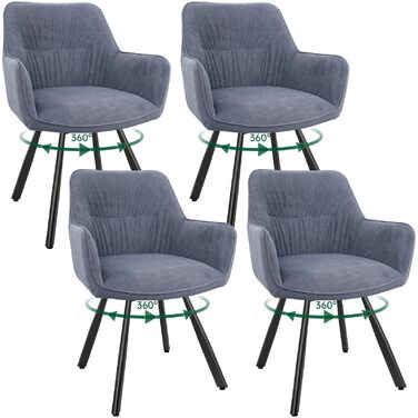 Набір обідніх крісел 6 шт., поворотні, з підлокітниками, 360°, сучасний м'який стіл з велюру, для їдальні, кухні, вітальні, кабінету, спальні (4 поворотні, сірий)