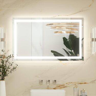 Дзеркало для ванної кімнати Keonjinn з підсвічуванням 50x70 см, без запотівання, LED, сенсорне керування, 3 кольори, регулювання яскравості, пам'ять, без рамки